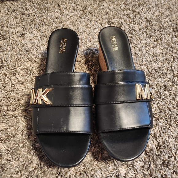 Michael Kors Shoes - Michael Kors Black and Gold Mules with Signature Logo